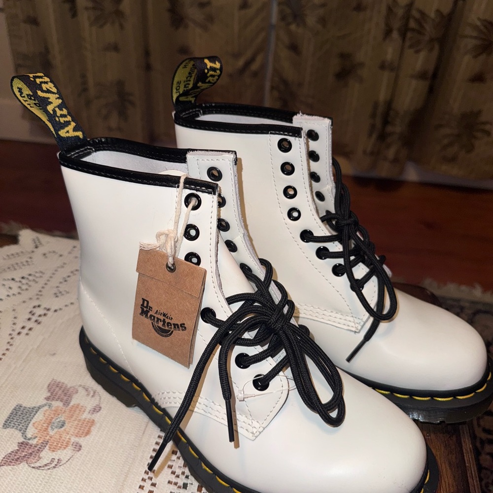 Dr. Martens White Leather Lace-Up Boots with Black Eyelets